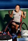 　車いすの部女子シングルスで決勝進出を決め、笑顔を見せる上地結衣＝ニューヨーク（共同）
