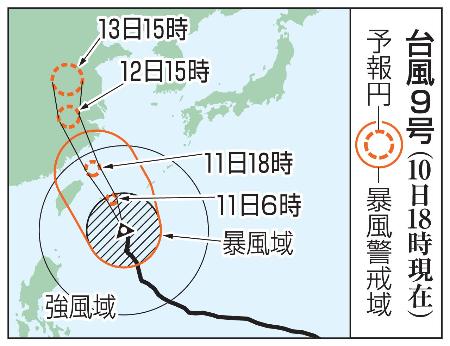 　台風９号の予想進路（１０日１８時現在）