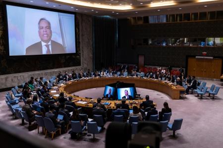 　国連安全保障理事会が開いた緊急会合＝１０日、ニューヨーク（ＡＰ＝共同）