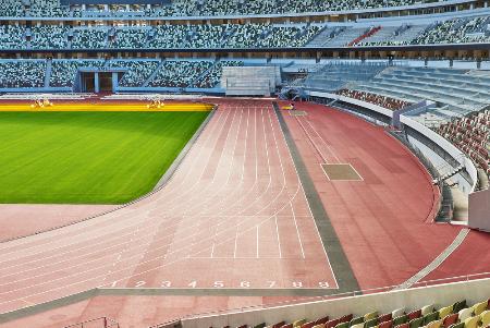 　世界陸上東京大会の会場となる国立競技場の陸上トラック（ＪＳＣ提供）