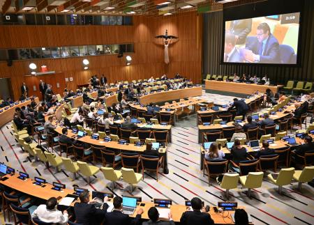 　ニューヨークの国連本部で開かれたＮＰＴ再検討会議の全体会合＝１９日（共同）