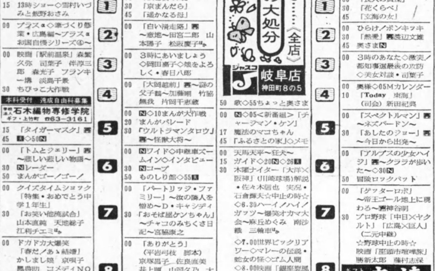 １９７５年４月１０日付岐阜日日新聞のテレビ番組欄。新番組に「チャージマン研！」がある