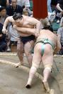 　豪ノ山（左）がはたき込みで琴桜を破る＝両国国技館