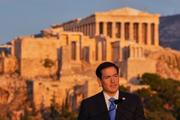 　７日、ギリシャの首都アテネで演説するルビオ米国務長官（ＡＰ＝共同）