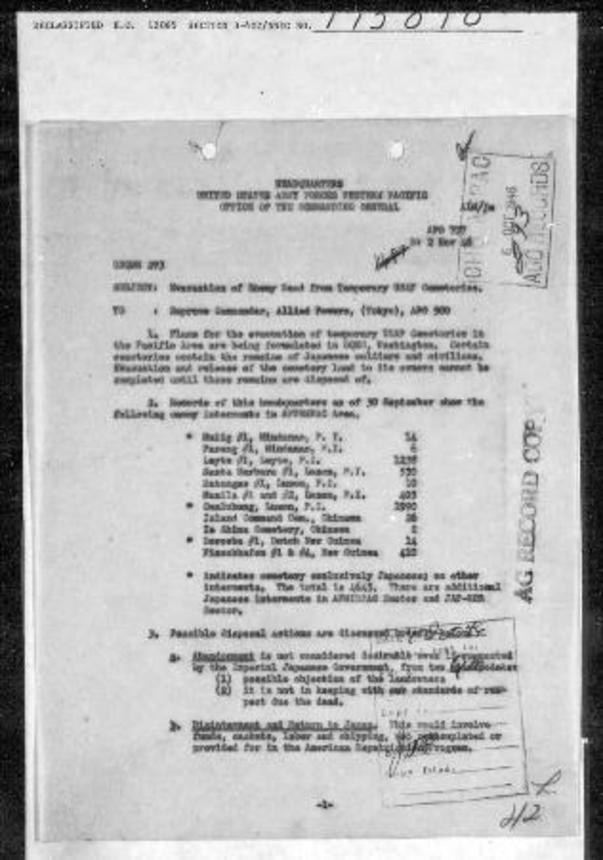 　太平洋戦争後、米軍が戦地の仮設墓地撤去を計画し、日本兵の遺体返還を協議した公文書の写し（国立国会図書館所蔵。原本は米国立公文書館所蔵）