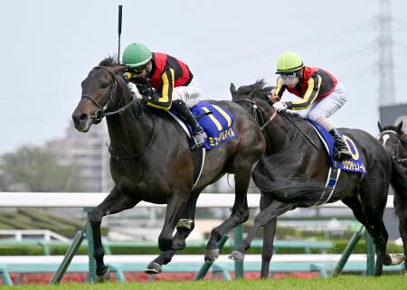 　１番人気のクロワデュノール（右）をかわし、第８５回皐月賞を制したモレイラ騎乗のミュージアムマイル＝中山競馬場