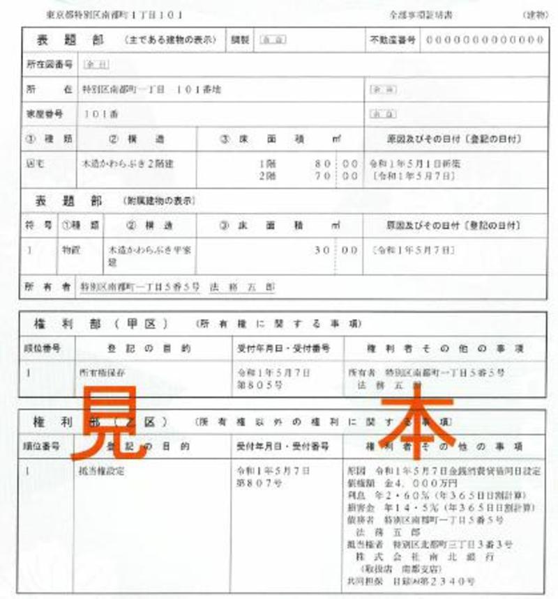 　建物に関する登記事項証明書の見本（出典：法務省ウェブサイト）