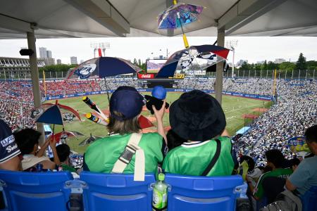 　プロ野球のヤクルト―広島戦でグッズを手に応援する参加者＝２１日午後、神宮球場
