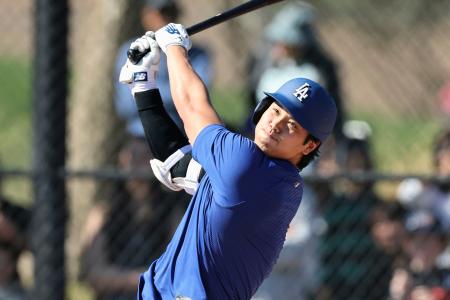 　実戦形式の打撃練習を行うドジャース・大谷＝グレンデール（共同）