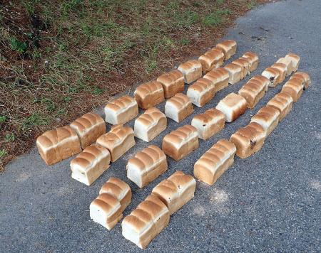 　鳥取県の大山隠岐国立公園内の県道に捨てられ、回収された食パン＝１４日（自然公園財団提供）