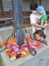 彼岸に合わせて用意されたヒガンバナやコスモスの「花手水」に見入る親子＝美濃市上河和、霊泉寺