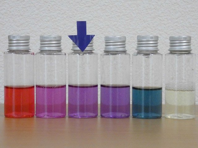 紫キャベツの煮汁を加えて色が変わった水溶液。左から調理酢、炭酸水、雨水、水道水、重曹水、台所用漂白剤