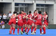 ３位決定戦・日本×中国＝勝ち越しのゴールを決め、喜ぶ日本の選手たち＝川崎重工スタジアム