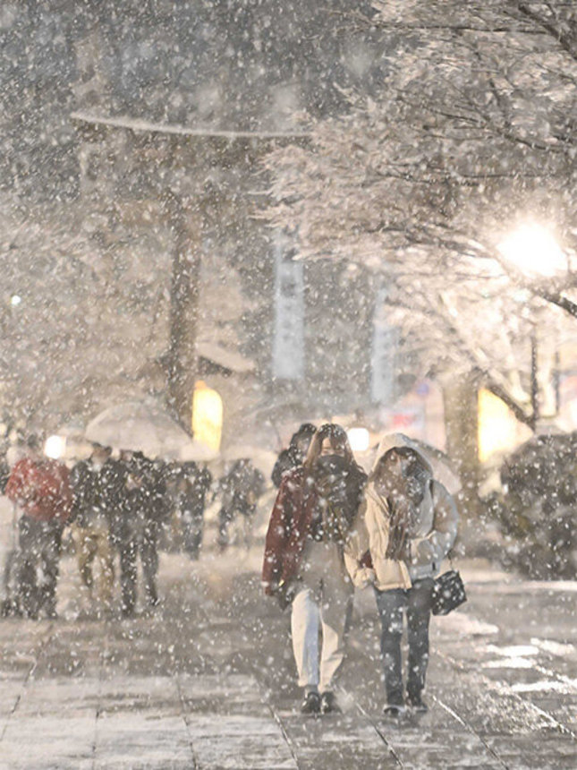 雪の中、年越し参りに向かう参拝客＝３１日午後１１時１９分、岐阜市伊奈波通、伊奈波神社