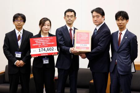 　国際刑事裁判所の赤根智子所長への具体的な支援を求める署名を尾崎官房副長官（右から２人目）に提出する弁護士ら＝１日午後、国会