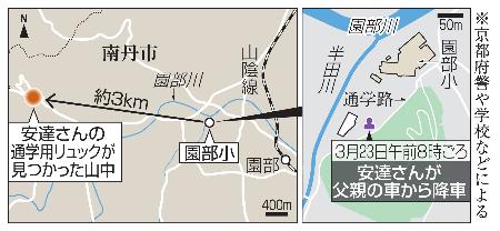 　京都府南丹市、市立園部小、安達さんの通学用リュックが見つかった山中