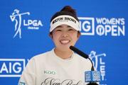 　記者会見する女子ゴルフの山下美夢有＝２９日、ロイヤルリザム・アンド・セントアンズＧＣ（共同）