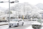 雪で木々や山が白くなった岐阜市内＝２３日午前８時４３分、岐阜市美江寺町
