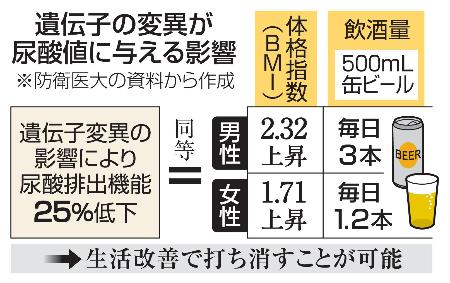 　遺伝子の変異が尿酸値に与える影響