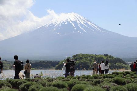 　富士山をながめる観光客ら＝２０２３年５月、山梨県富士河口湖町