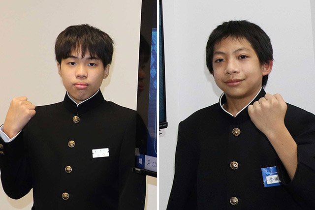 二つ目のタイトル獲得へ意気込む篠田怜桜さん（右）とプロｅ棋士として活躍を誓う山口修生さん