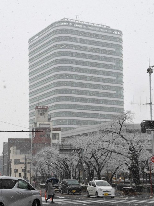 雪に包まれる建設中の岐阜市新庁舎＝２９日午前１０時１５分、同市