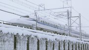 雪の中、速度を落として走る東海道新幹線。乗客の顔が見えるほどだった＝不破郡関ケ原町野上、桃配運動公園
