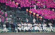 初戦突破を決めてスタンドにあいさつし、ベンチに戻る大垣日大ナイン＝阪神甲子園球場