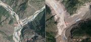 　中国自然資源省が公開した土石流で被害を受けたチベット自治区シガツェ市ギロンの国境検問所周辺の比較写真。左が災害前、右は災害後に撮影された（同省提供、共同）