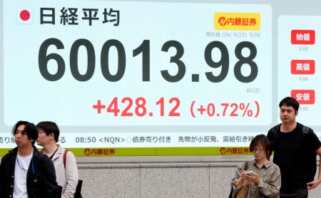 　史上初めて６万円を超えた日経平均株価を示すボード＝２３日午前、東京都中央区
