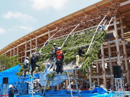 　大阪・関西万博会場の野外ステージで行われた、松葉ぶきの屋根のふき替え作業＝７日午前、大阪市此花区の夢洲