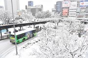 雪化粧されたＪＲ岐阜駅前のバスターミナル＝２４日午前８時７分、岐阜市橋本町、同駅北口