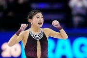 　世界フィギュア、フリーの演技を終え、笑みを見せる坂本花織＝２７日、プラハ（ＡＰ＝共同）