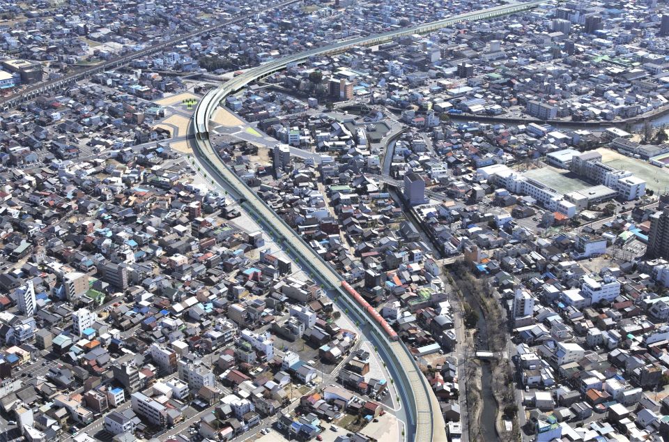 統合駅（左上）を含む名鉄高架化事業の対象区間の完成イメージ図。手前が名鉄岐阜駅方面（岐阜県提供）　