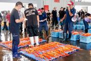 　新湊漁協の卸売市場で行われた、ベニズワイガニの初競り＝１１日午後、富山県射水市