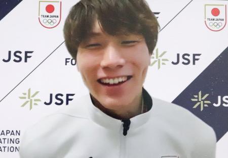 　オンラインで取材に応じる、ミラノ・コルティナ五輪で日本選手団の旗手を任されるスピードスケート男子の森重航＝１３日