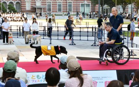 　「ともともフェスタ２０２６」で行われた、補助犬が障害者を手助けする様子のデモンストレーション＝９日午後、ＪＲ東京駅前