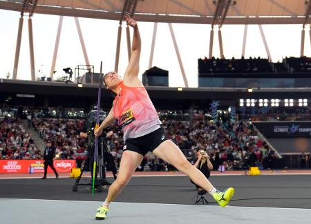 　アルティメット選手権で優勝した女子やり投げの北口榛花＝１２日、ハンガリー・ブダペスト（ロイター＝共同）