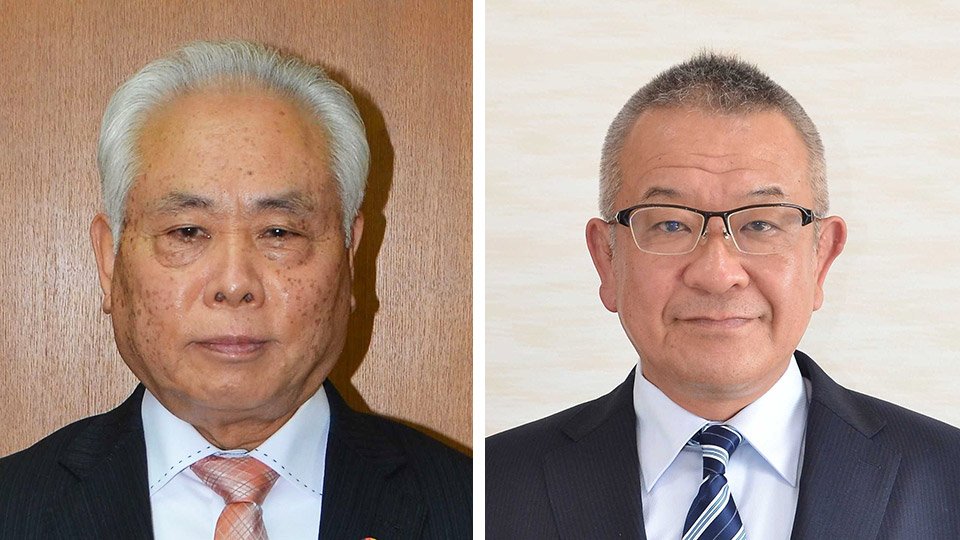 美濃市長選に立候補した武藤鉄弘氏と村井和仁氏（左から届け出順）