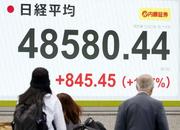 　４万８５８０円４４銭となった日経平均株価の終値を示すモニター＝９日午後、東京都中央区