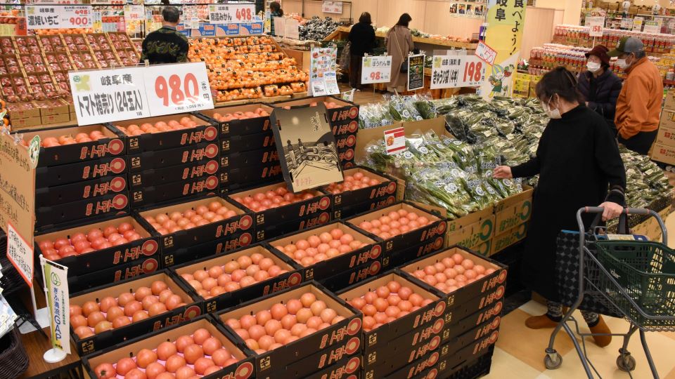 岐阜県産のトマトやキュウリ、イチゴ、ミカンが並ぶ特設コーナー＝羽島市江吉良町、バロー羽島インター店