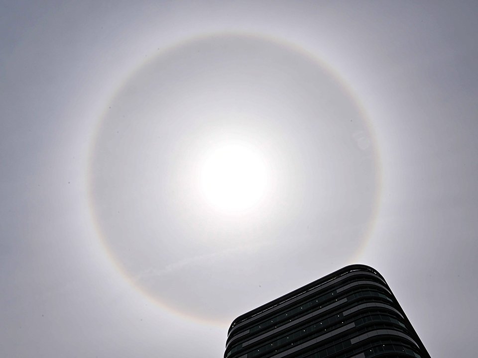 太陽の周囲に現れた「日がさ」。手前は岐阜市役所庁舎＝１日午前１０時５４分、同市司町