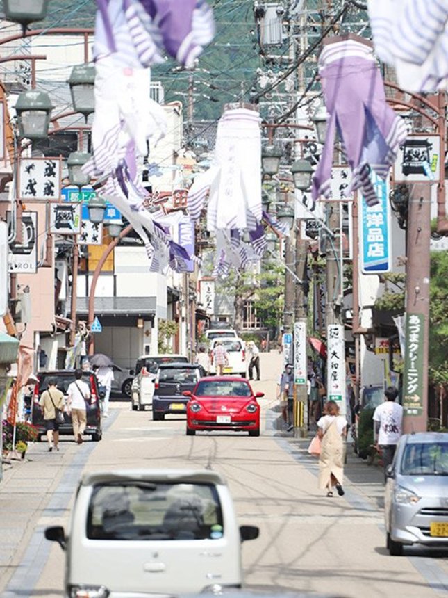 中心市街地を行き交う観光客ら＝２８日午後１時２９分、郡上市八幡町新町、新町通商店街