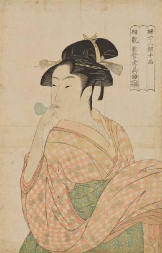 　今回見つかった作品より後に刷られたとみられる、喜多川歌麿の「婦女人相十品　ポッピンを吹く娘」（１７９２〜９３年ごろ、東京国立博物館蔵）