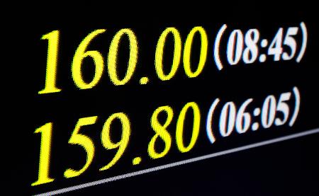 　一時１ドル＝１６０円台を付けた円相場を示すモニター＝３日午前、東京・東新橋