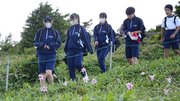 「落雷遭難の碑」の近くで咲き誇ったササユリを見ながら歩く生徒たち＝長野県阿智村