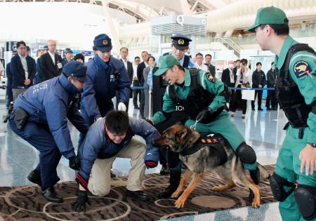 　羽田空港第２ターミナルで実施したテロ対処訓練で、不審者を取り押さえる警察官ら＝１７日午前