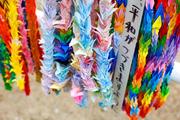 　長崎市の爆心地公園に供えられた折り鶴＝８日午後
