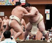 　春巡業で豊昇龍と稽古をする熱海富士（右）＝静岡県三島市