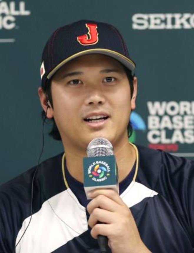 　記者会見するＷＢＣ日本代表の大谷翔平＝４日、東京ドーム（読売新聞社提供）